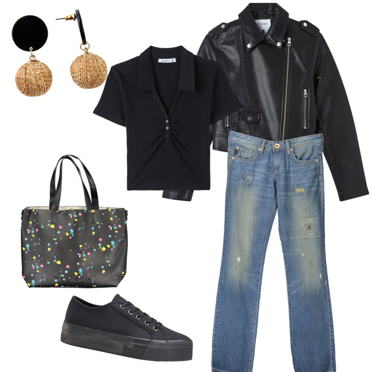 Outfit donna - Coriandoli sul nero. Stile Basic per Tutti i giorni. Abbinamento con sneakers, orecchini, polo, giacche, borse a spalla, jeans dritti.