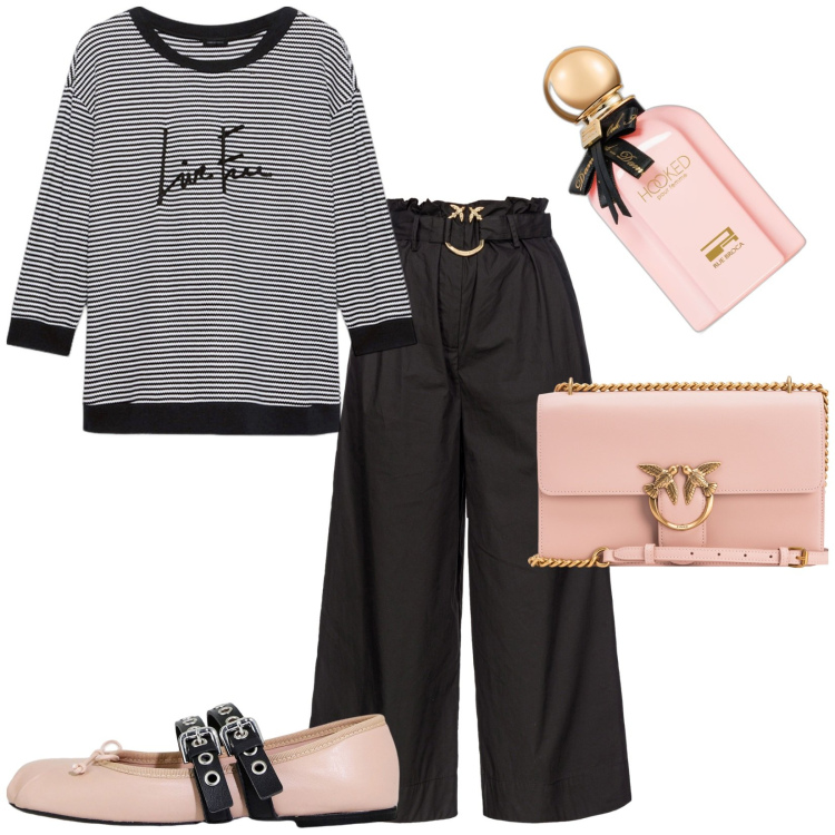Outfit donna - Sporty-chic. Stile Casual per Tutti i giorni. Abbinamento con profumi, pantaloni, borse a tracolla, ballerine, t-shirt.