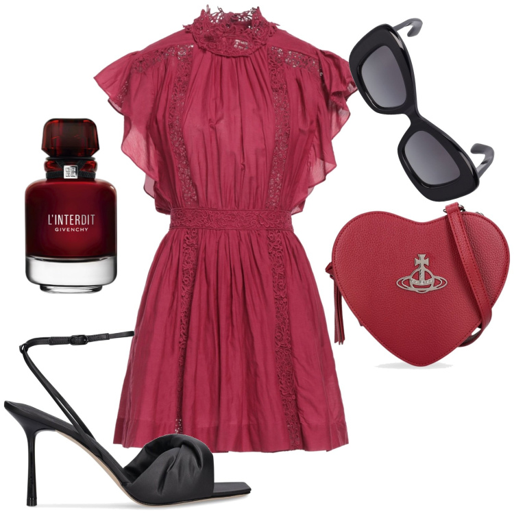 Outfit donna - Il profumo è vero accessorio di bellezza. Stile Romantica per Serata fuori. Abbinamento con vestiti corti, profumi, occhiali da sole, sandali in pelle, borse a spalla.