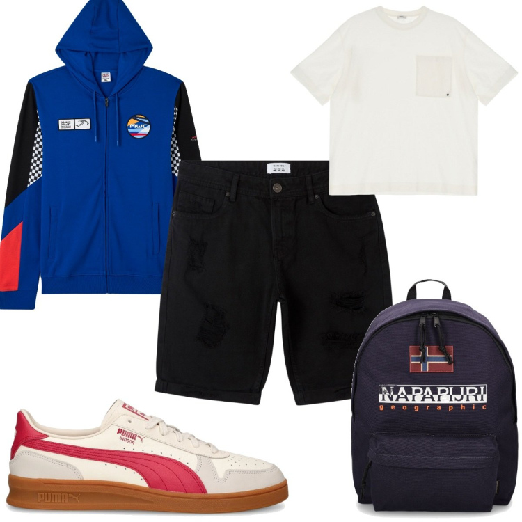 Outfit uomo - Total look #1862796. Stile Trendy per Tutti i giorni. Abbinamento con bermuda, felpe con cappuccio, t-shirt, borse sportive, sneakers.
