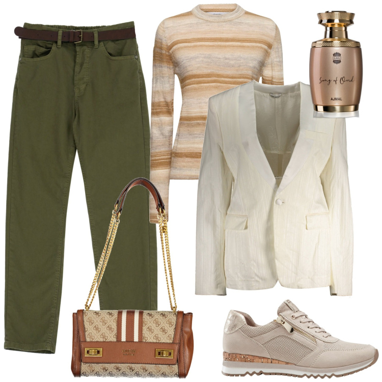 Outfit donna - Total look #1862803. Stile Mannish per Tutti i giorni. Abbinamento con sneakers, profumi, pantaloni, blazer, borse a spalla, maglieria.