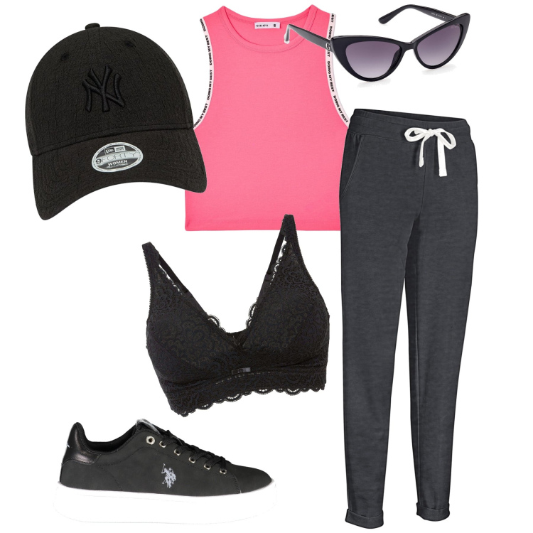 Outfit donna - Sport, ma femminile. Stile Sporty chic per Sport. Abbinamento con pantaloni sportivi, bralette, top sportivi, scarpe sportive, occhiali da sole, cappelli con visiera.