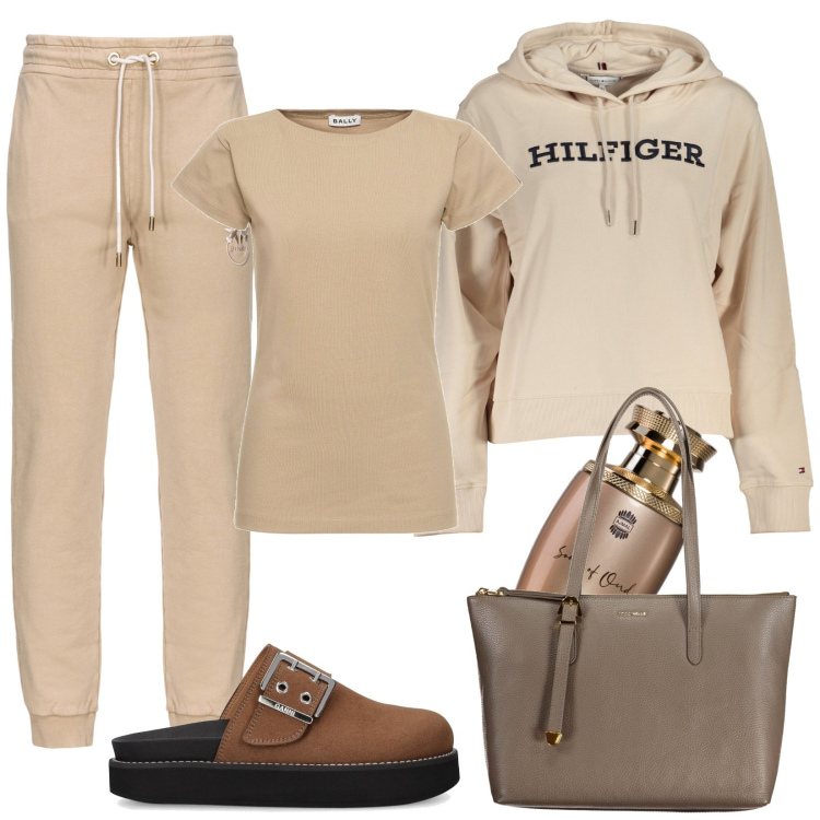 Outfit donna - Diverse tonalità di marrone. Stile Casual per Sport. Abbinamento con profumi, pantaloni, borse a spalla, felpe con cappuccio, pantofole, t-shirt.