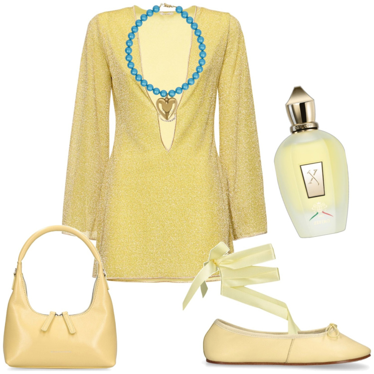 Outfit donna - Vestito Lumière in lurex. Stile Sexy per Tutti i giorni. Abbinamento con profumi, vestiti, ballerine, borse a mano, collane.