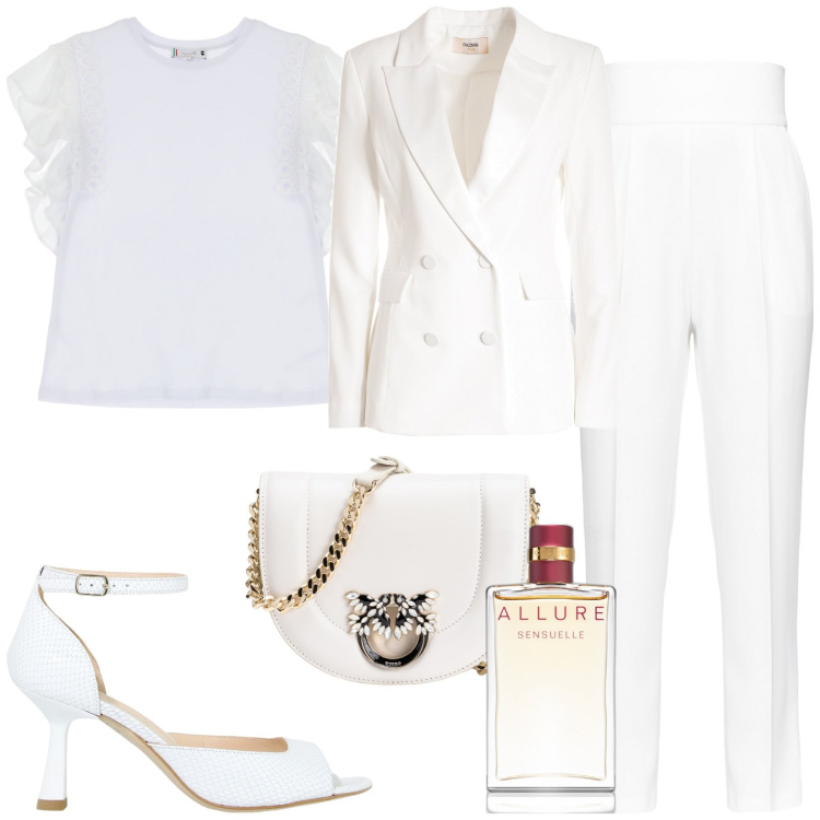 Outfit donna - Due gocce di Chanel. Stile Chic per Tutti i giorni. Abbinamento con profumi, pantaloni, borse a tracolla, t-shirt, décolleté, blazer.
