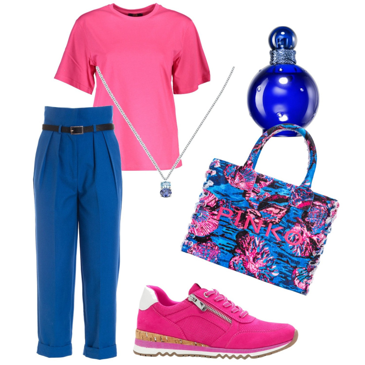 Outfit donna - A vita alta. Stile Trendy per Tutti i giorni. Abbinamento con sneakers, ciondoli, profumi, shopping bag, pantaloni, t-shirt.