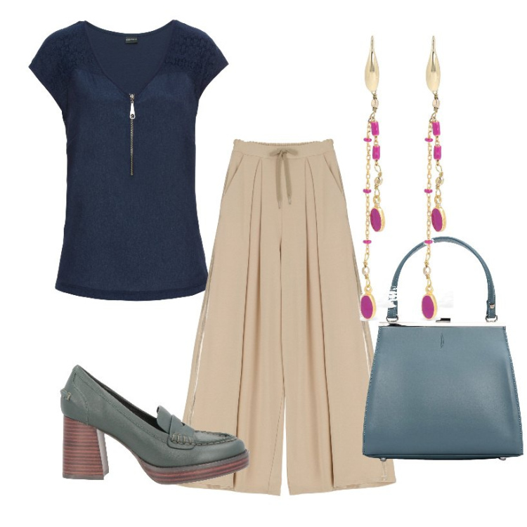 Outfit donna - Primavera curvy. Stile Casual per Tutti i giorni. Abbinamento con t-shirt, mocassini, pantaloni a palazzo, clutch, orecchini.