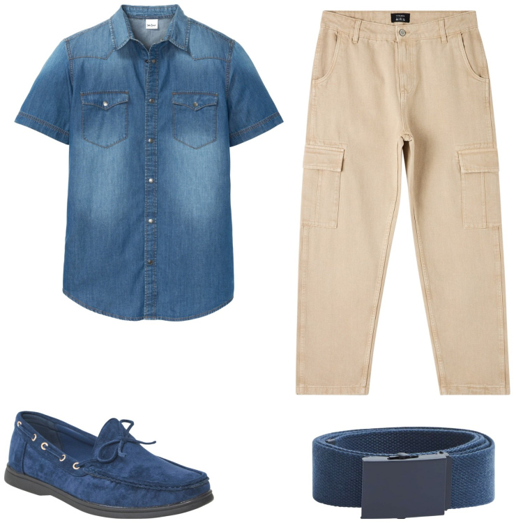 Outfit uomo - Mocassini scamosciati. Stile Urban per Tutti i giorni. Abbinamento con camicie a manica corta, pantaloni cargo, cinture, scarpe stringate.