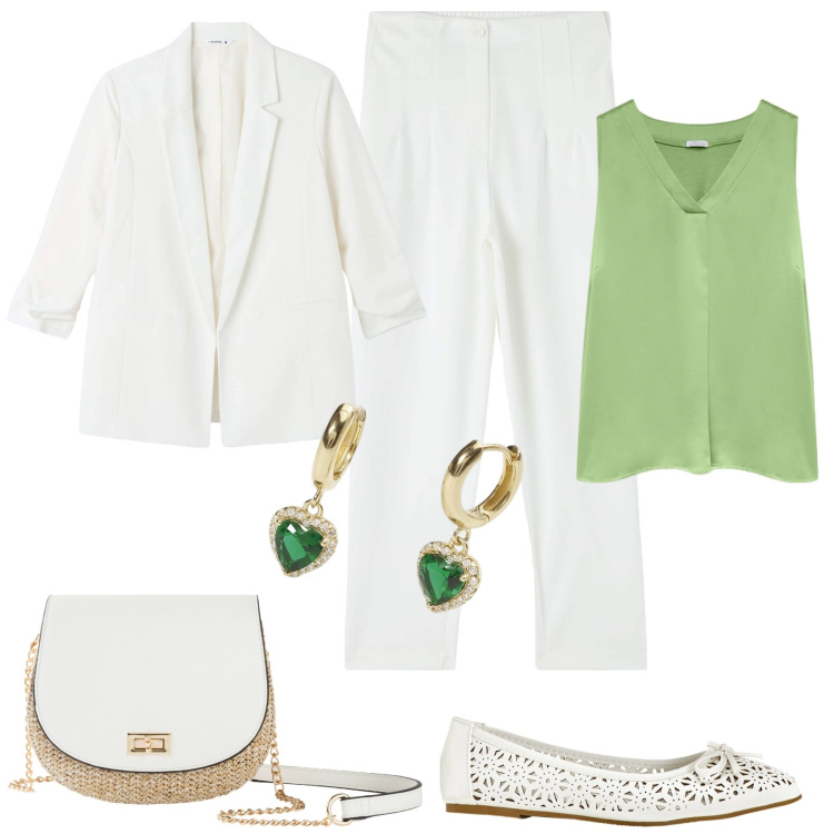 Outfit donna - White chic. Stile Casual chic per Tutti i giorni. Abbinamento con borse a tracolla, ballerine, pantaloni chino, blazer, orecchini, top.