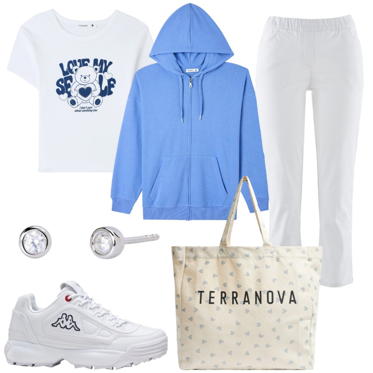 Outfit donna - Shopping bag per la primavera. Stile Basic per Tutti i giorni. Abbinamento con pantaloni, sneakers, orecchini, t-shirt, felpe con cappuccio, shopping bag.