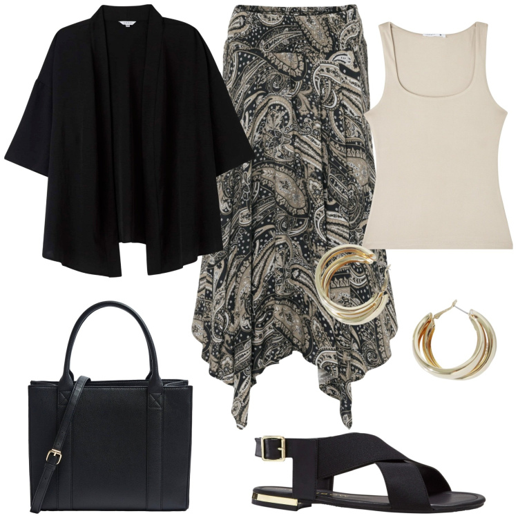 Outfit donna - In centro con le amiche. Stile Casual chic per Tutti i giorni. Abbinamento con gonne longuette, sandali, kimono, canottiere, shopping bag, orecchini.