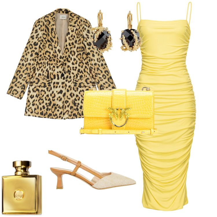 Outfit donna - Serata evento glamour. Stile Glamour per Serata fuori. Abbinamento con orecchini, profumi, vestiti asimmetrici, borse a spalla, sandali col tacco, blazer.