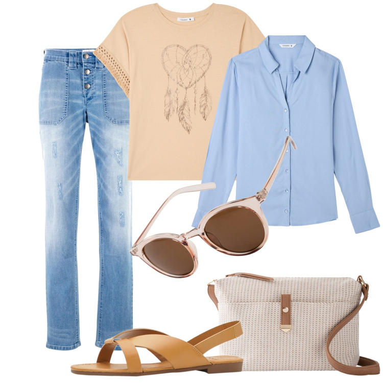 Outfit donna - Con la camicia aperta. Stile Casual per Tutti i giorni. Abbinamento con jeans boyfriend, sandali, occhiali da sole, borse a tracolla, t-shirt, camicie.