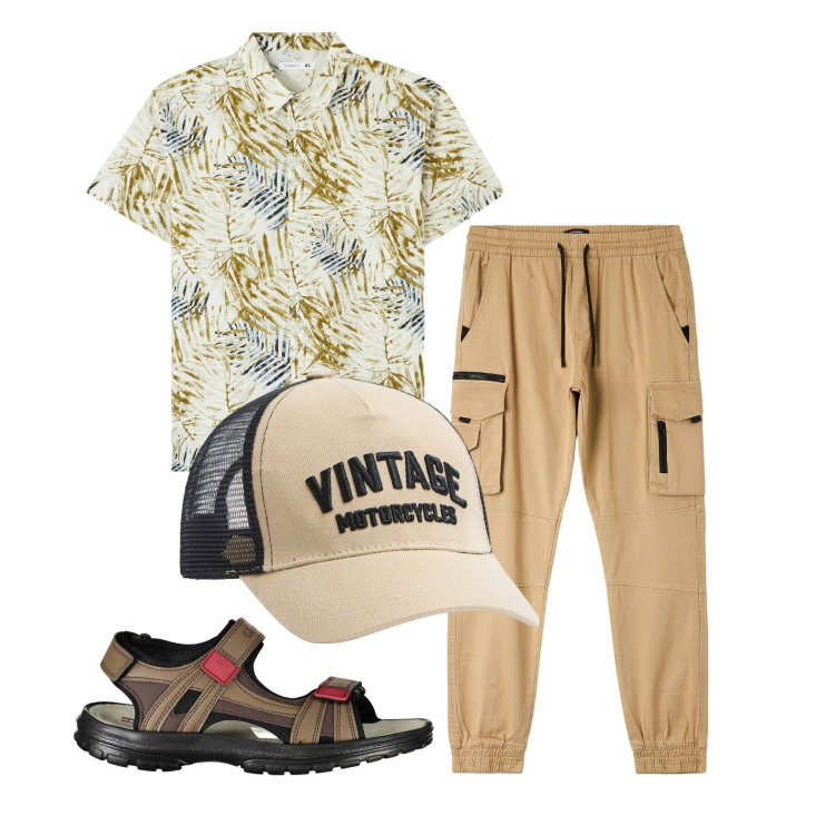 Outfit uomo - Mood vacanziero. Stile Casual per Tutti i giorni. Abbinamento con camicie a manica corta, pantaloni cargo, cappelli, sandali.