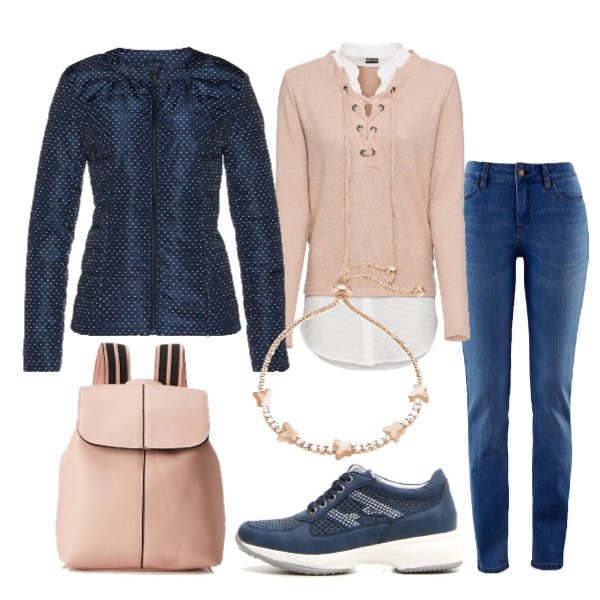 Outfit donna - Maglia due in uno e piumino leggero. Stile Basic per Scuola/Università. Abbinamento con jeans skinny, maglia lunga con scollo in pile beige, piumino a pois con scollo blu, scarpe stringate stringate blu, borsa zainetto rosa, bracciale.