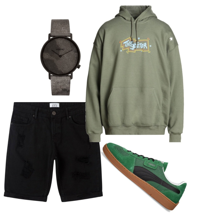 Outfit uomo - Felpa serale. Stile Casual per Tutti i giorni. Abbinamento con felpe con cappuccio, orologi, bermuda, sneakers.