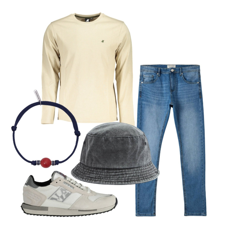 Outfit uomo - Cappello e via. Stile Casual per Tutti i giorni. Abbinamento con cappelli, jeans skinny, braccialetti, t-shirt, scarpe sportive.