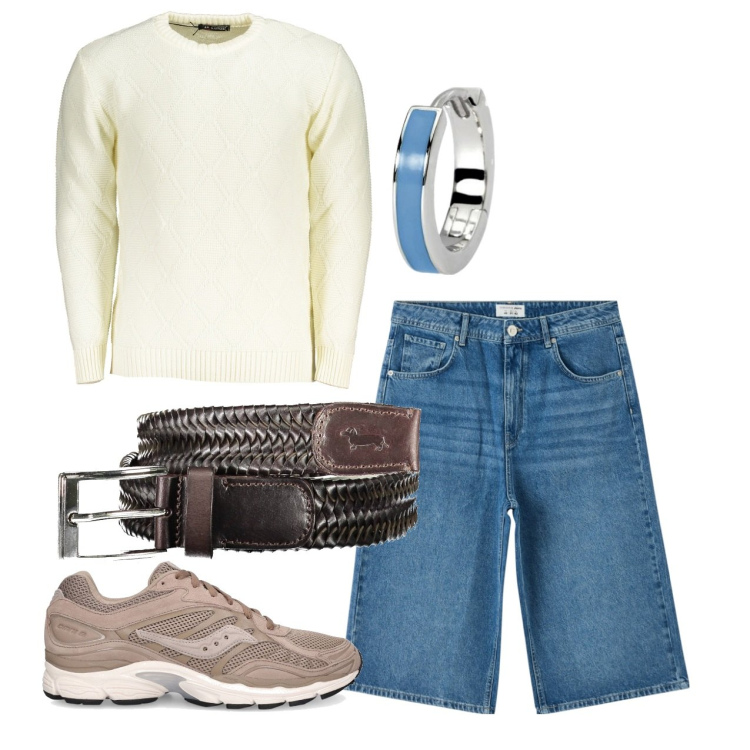 Outfit uomo - La sera a maggio. Stile Casual per Tutti i giorni. Abbinamento con pantaloni corti, orecchini, sneakers, maglieria, cinture.