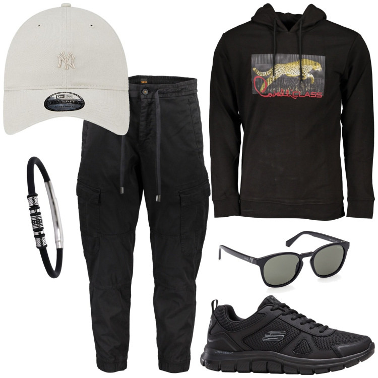 Outfit uomo - Mai senza gli occhiali da sole. Stile Casual per Sport. Abbinamento con sneakers, braccialetti, pantaloni, occhiali da sole, felpe con cappuccio, cappelli con visiera.