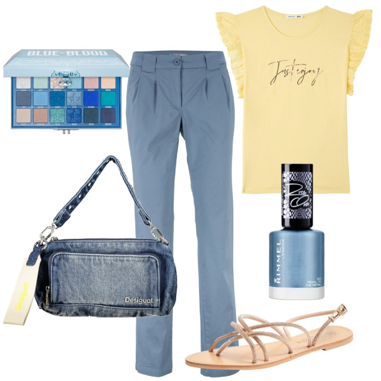 Outfit donna - Semplicità. Stile Basic per Tutti i giorni. Abbinamento con pantaloni chino, smalti, ombretti, sandali, t-shirt, borse a spalla.