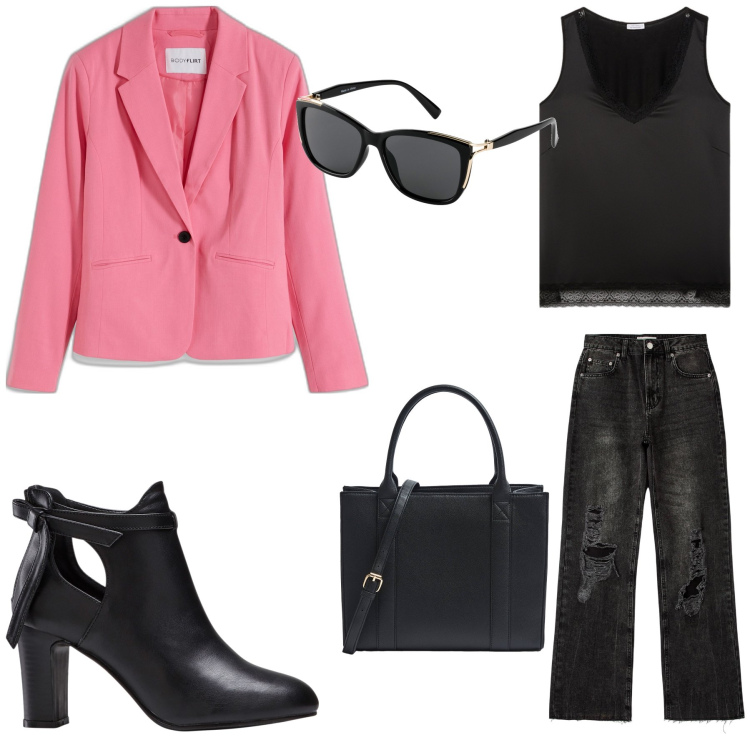 Outfit donna - Total look #1862982. Stile Urban per Cerimonia. Abbinamento con stivaletti, blazer, occhiali da sole, jeans strappati, shopping bag, top.