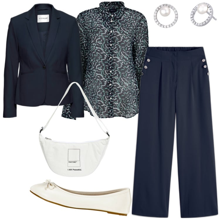 Outfit donna - Total look #1862988. Stile Casual per Ufficio. Abbinamento con ballerine, blazer, pantaloni, marsupi, orecchini, camicie.