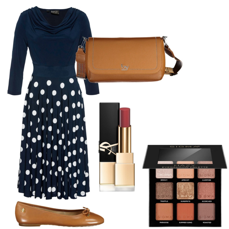 Outfit donna - Pois. Stile Bon Ton per Serata fuori. Abbinamento con vestiti, rossetti, ombretti, ballerine, borse a spalla.
