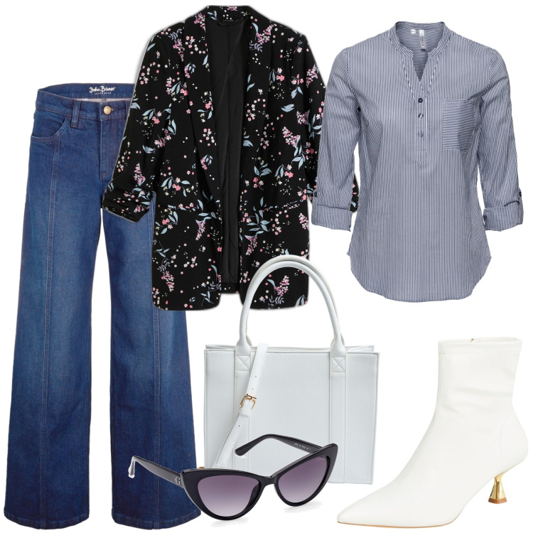 Outfit donna - Casual con stile. Stile Casual per Ufficio. Abbinamento con tuniche, blazer, jeans, stivaletti, shopping bag, occhiali da sole.