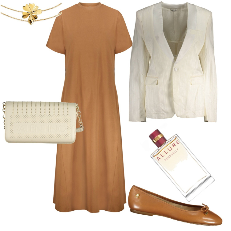 Outfit donna - Tonalità Brown. Stile Casual per Ufficio. Abbinamento con profumi, collane, borse a tracolla, ballerine, blazer, vestiti midi/longuette.