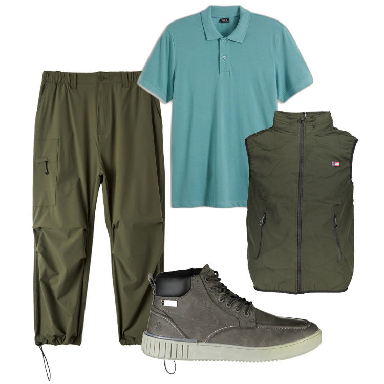 Outfit uomo - In montagna. Stile Casual per Tutti i giorni. Abbinamento con polo, pantaloni, stivali, giacche.