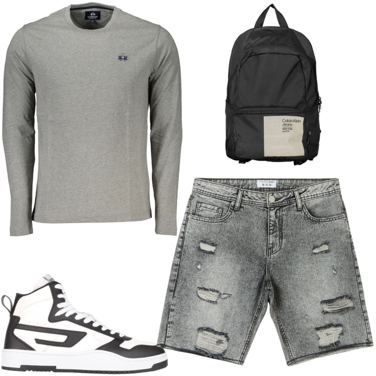 Outfit uomo - L\'uomo casual. Stile Casual per Tutti i giorni. Abbinamento con sneakers alte, shorts, borse sportive, t-shirt.