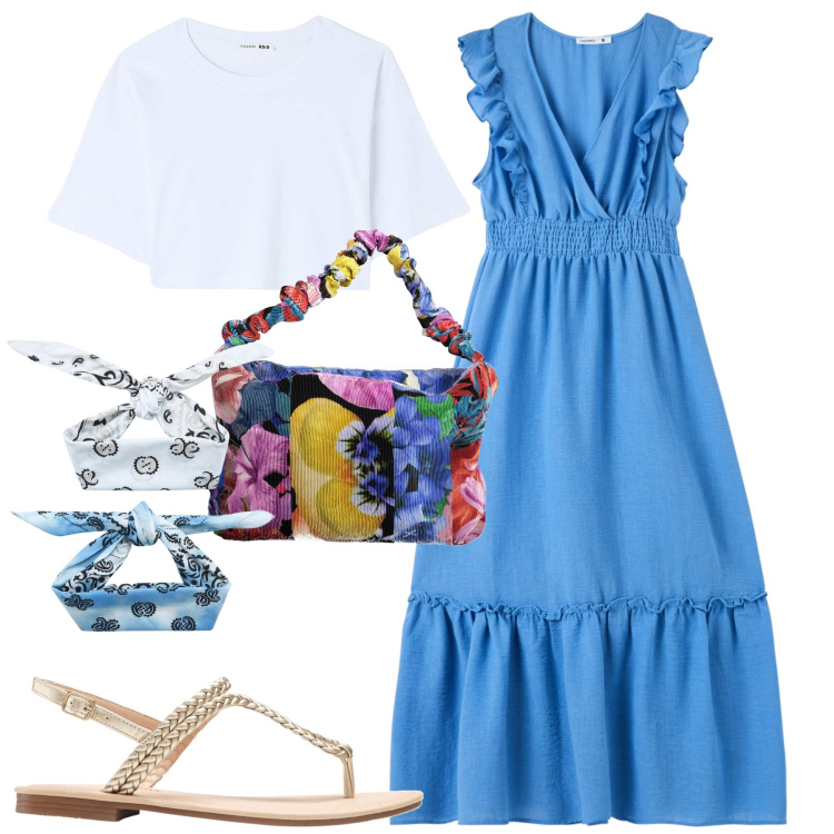 Outfit donna - Oceano. Stile Romantica per Tutti i giorni. Abbinamento con ciabatte, vestiti lunghi, fasce per capelli, t-shirt, borse a spalla.