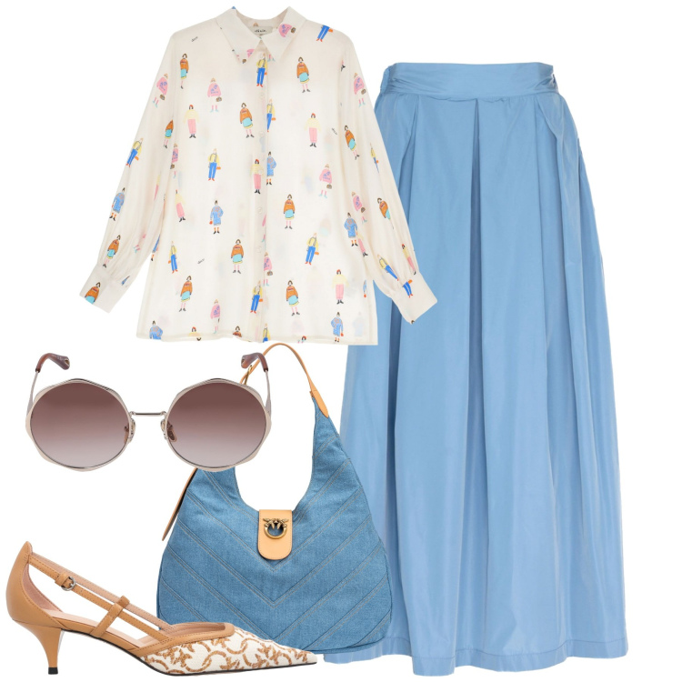 Outfit donna - Total look #1863044. Stile Chic per Tutti i giorni. Abbinamento con décolleté, borse a spalla, camicie, occhiali da sole, gonne.