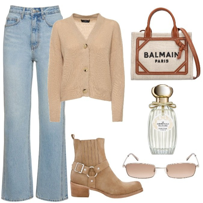 Outfit donna - Total look #1863054. Stile Casual per Tutti i giorni. Abbinamento con profumi, stivaletti, occhiali da sole, borse a mano, jeans dritti, cardigans.