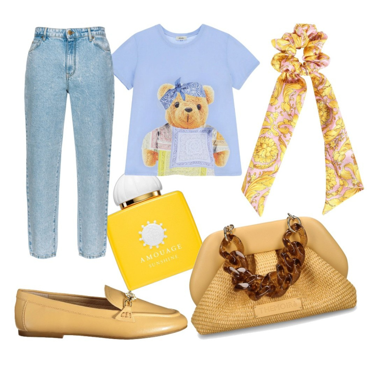 Outfit donna - Giallo e azzurro in primavera. Stile Romantica per Tutti i giorni. Abbinamento con profumi, jeans, t-shirt, pochette, mocassini, accessori per capelli.