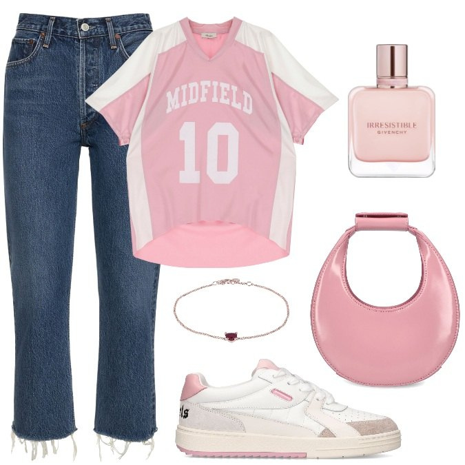 Outfit donna - Total look #1863069. Stile Sporty chic per Tutti i giorni. Abbinamento con profumi, t-shirt, borse a mano, jeans slim fit, sneakers, braccialetti.