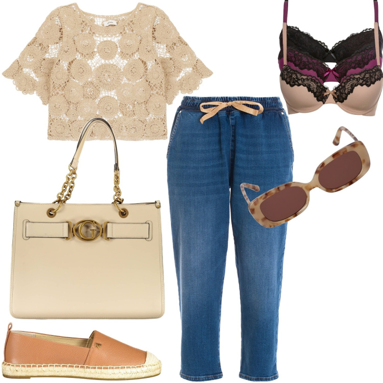 Outfit donna - Maglia ricamata effetto trasparenza. Stile Casual per Tutti i giorni. Abbinamento con reggiseni, jeans, maglieria, ballerine, borse a spalla, occhiali da sole.