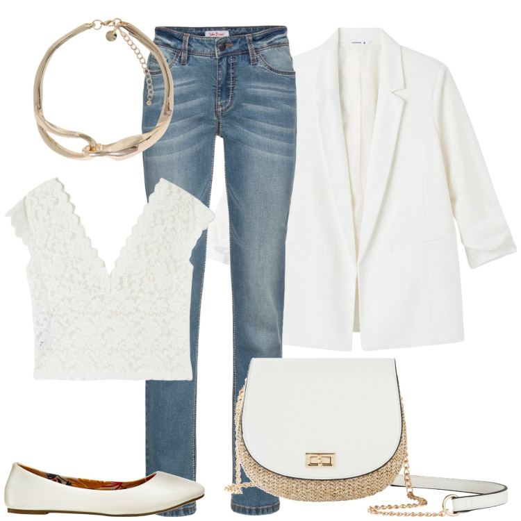 Outfit donna - Capi basici per la primavera. Stile Basic per Tutti i giorni. Abbinamento con borse a tracolla, jeans dritti, ballerine, t-shirt, blazer, collane.