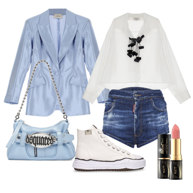 Outfit donna - Ghost outfitter - aprile. Stile Trendy per Tutti i giorni. Abbinamento con rossetti, camicie, blazer, sneakers, shorts, borse a spalla.