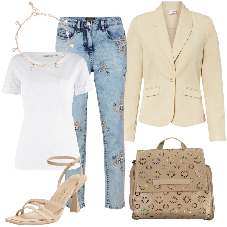Outfit donna - Minimal chic. Stile Minimal per Tutti i giorni. Abbinamento con blazer, t-shirt, jeans, sandali col tacco, braccialetti, zaini.