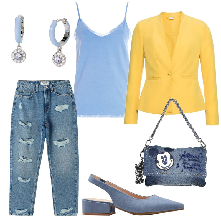 Outfit donna - Passeggiando x la città. Stile Casual chic per Tutti i giorni. Abbinamento con blazer, décolleté, jeans mom, orecchini, canottiere, borse a spalla.