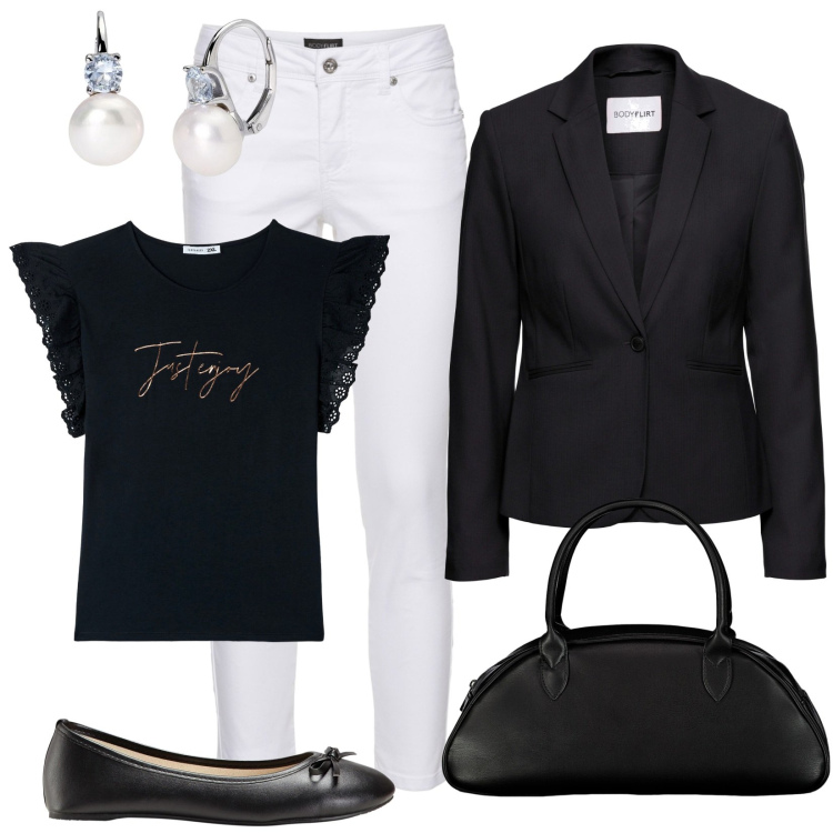 Outfit donna - Minimal chic. Stile Minimal per Tutti i giorni. Abbinamento con blazer, ballerine, pantaloni, t-shirt, orecchini, borse a spalla.