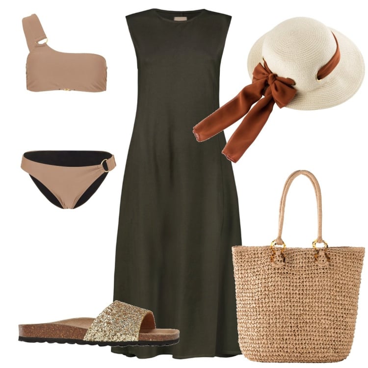 Outfit donna - Raffinata al mare. Stile Bon Ton per Mare. Abbinamento con cappelli, bikini, ciabatte, shopping bag, vestiti midi/longuette.