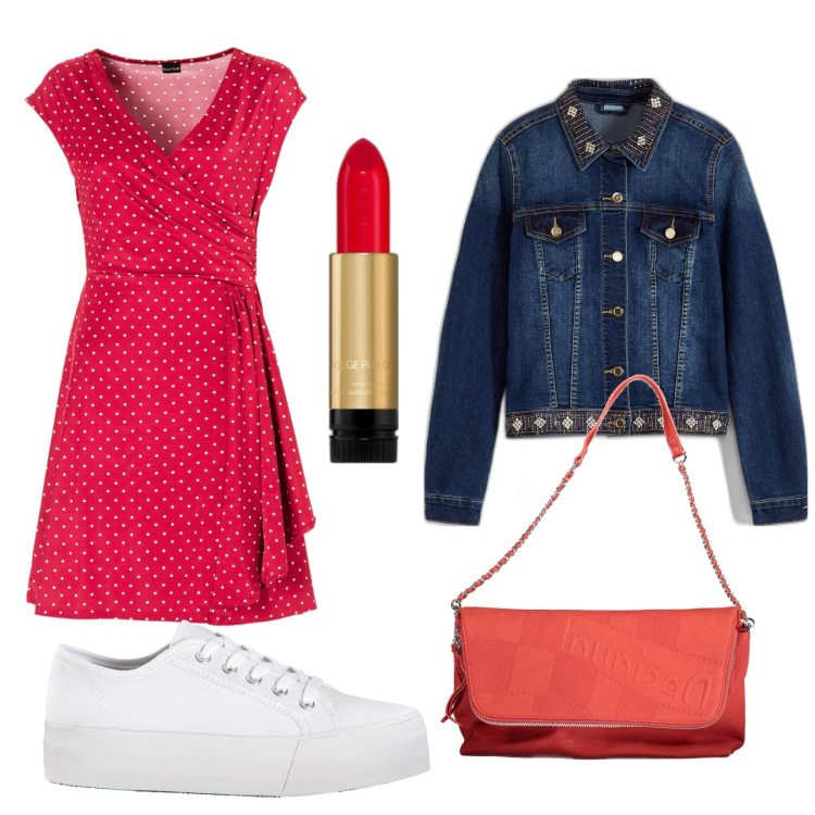 Outfit donna - Sul lungomare. Stile Romantica per Tutti i giorni. Abbinamento con sneakers, vestiti, blazer, rossetti, borse a mano.