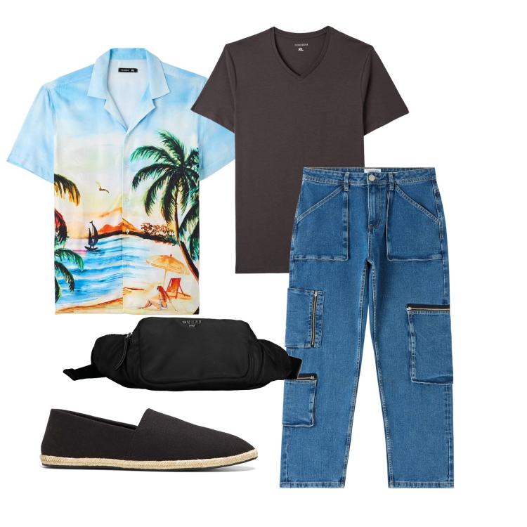 Outfit uomo - In viaggio. Stile Urban per Mare. Abbinamento con espadrillas, jeans, t-shirt, camicie a manica corta, borse sportive.