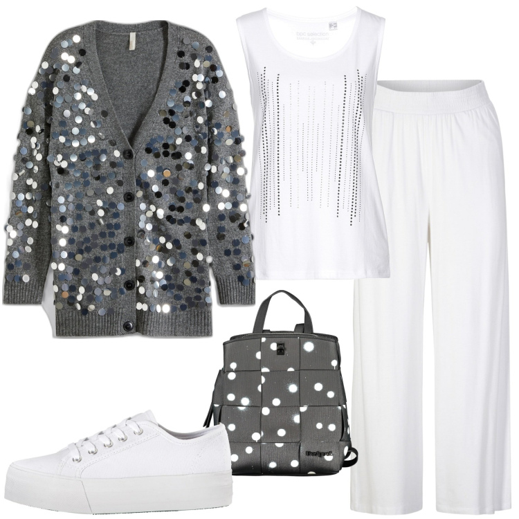 Outfit donna - Cardigan ricco di stile. Stile Basic per Tutti i giorni. Abbinamento con pantaloni, sneakers, cardigans, top, zaini.