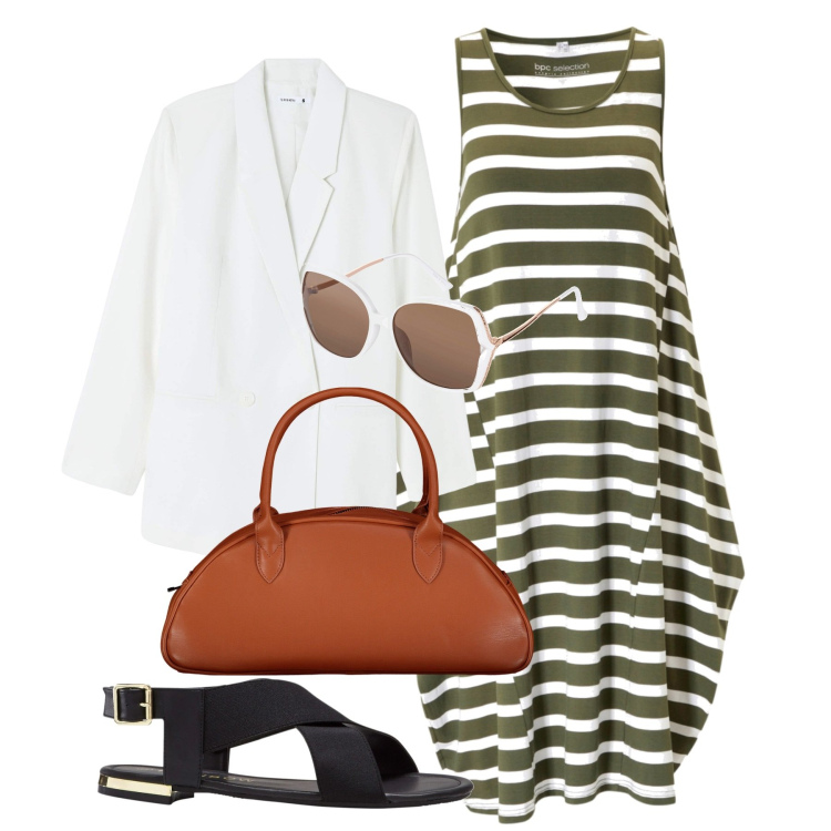 Outfit donna - Righe. Stile Bon Ton per Tutti i giorni. Abbinamento con sandali, vestiti midi/longuette, occhiali da sole, blazer, borse a spalla.