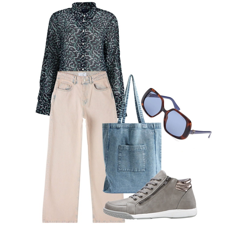 Outfit donna - Camicissima. Stile Basic per Tutti i giorni. Abbinamento con sneakers alte, jeans, shopping bag, occhiali da sole, camicie.