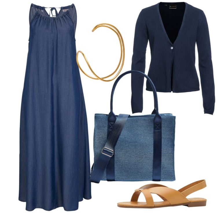 Outfit donna - Spring & Summer. Stile Minimal per Tutti i giorni. Abbinamento con vestiti, sandali, cardigans, shopping bag, braccialetti.