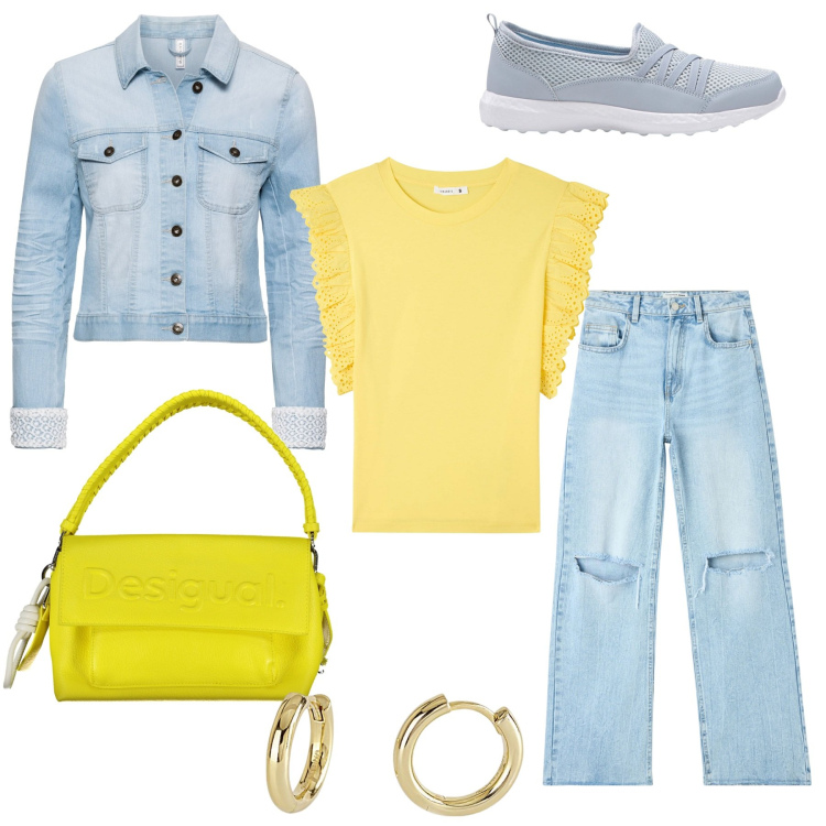 Outfit donna - Frizzante. Stile Urban per Tutti i giorni. Abbinamento con sneakers, blazer, t-shirt, jeans strappati, orecchini, borse a spalla.